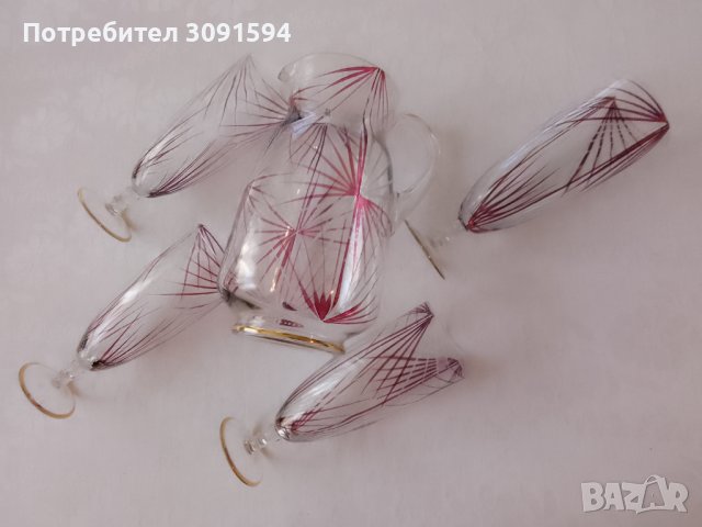  Винтидж Германия ,Комплект кана и 4 чаши за вино рисуваниано стъкло , снимка 11 - Други ценни предмети - 44422620