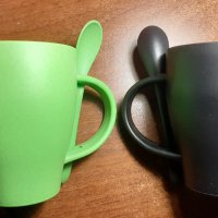 чаша за чай и кафе ЕКО тип МЪГ , кафява и светло зелена с лъжички са 50% бамбук и 50% РР, снимка 3 - Чаши - 35817364