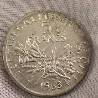 Сребърна монета Франция 5 франка, 1963 г, снимка 2 - Нумизматика и бонистика - 40504735