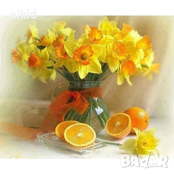 5D Нарциси цветя и портокали диамантен гоблен картина мозайка за направа по схема с камъчета , снимка 1