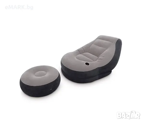2в1 Надуваем фотьойл и табуретка в цвят сив/черен с мека повърхност - влагоустойчив, снимка 1