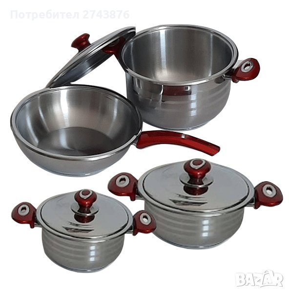 КОМПЛЕКТ ТЕНДЖЕРИ TЕS-AR 02 ЧЕРВЕНИ ДРЪЖКИ МЕТАЛЕН КАПАК 7 ЧАСТИ-Индукция, снимка 1