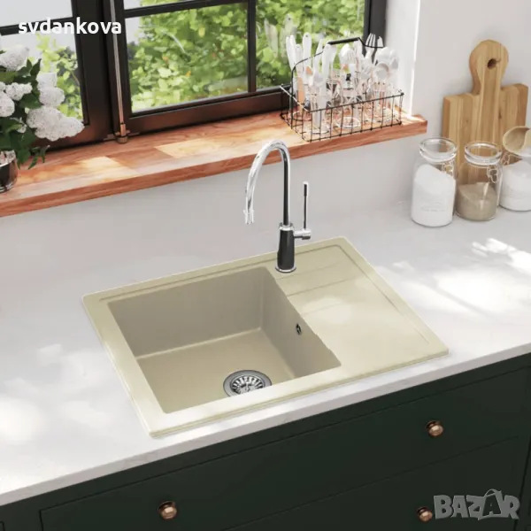 КУХНЕНСКА МИВКА С ПРЕЛИВНИК, ОВАЛ, БЕЖОВА, ГРАНИТ, снимка 1