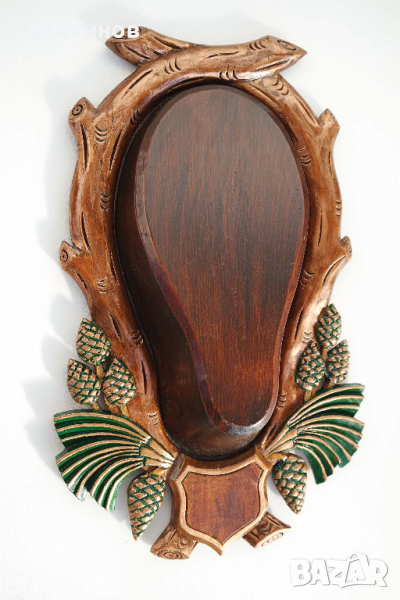 Поставка за ловен трофей на дива коза, череп с рога, дърворезба, снимка 1