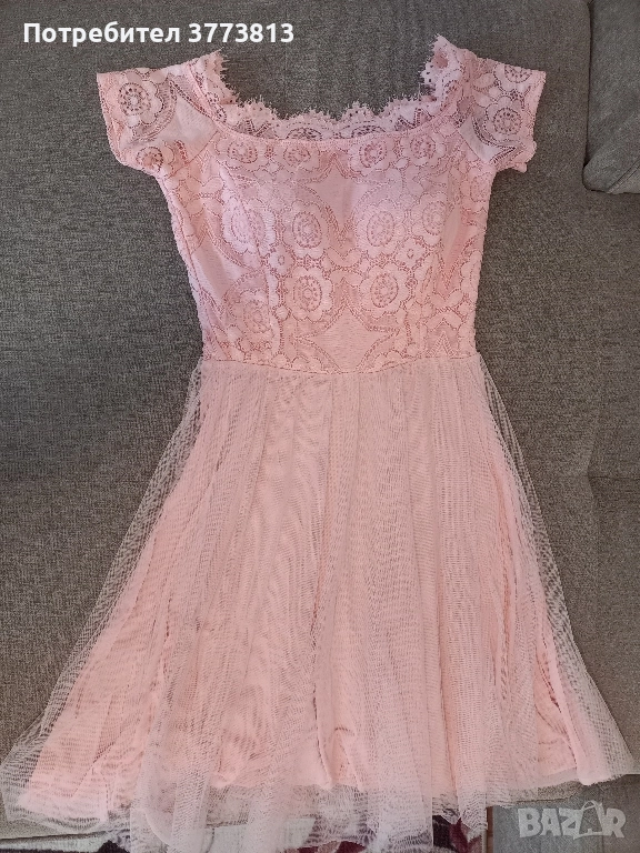 Нежна светлорозова рокля с дантела и тюл – подходяща за бал, кръщене или официални поводи, снимка 1