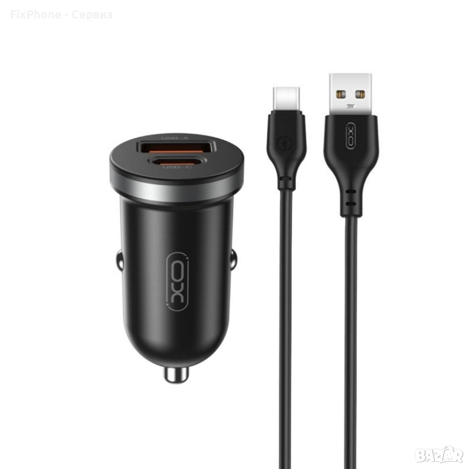 Зарядно устройство за кола комплект XO CC56 PD 30W QC 1x USB 1x USB-C с кабел USB - USB-C, Черен , снимка 1