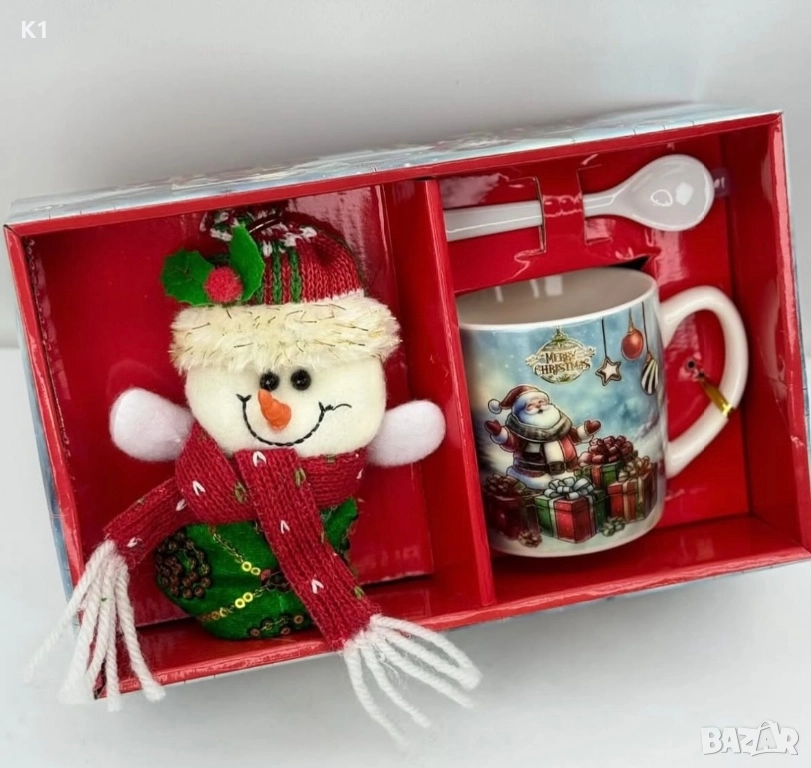 Коледен комплект плюшен снежен човек с чаша и лъжица, снимка 1