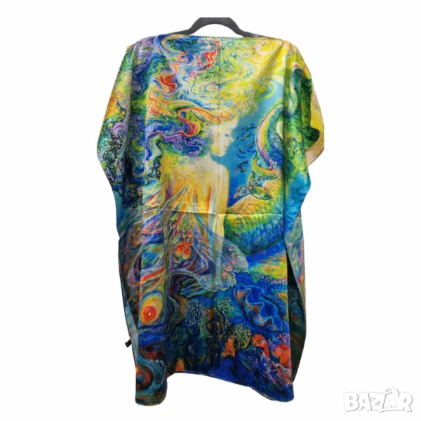 Лятна плажна туника от коприна, с артистични и морски десени, снимка 1