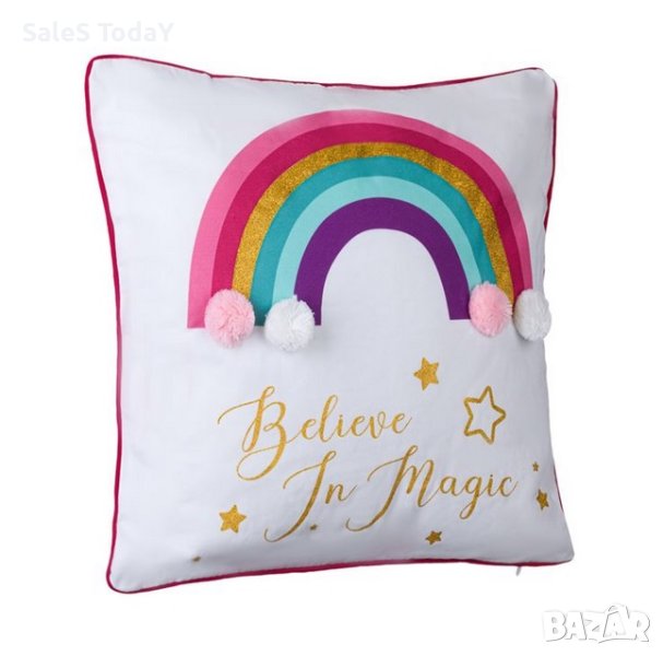 Възглавница, Декоративна, Детска, Дъга с помпони, 40x40см, снимка 1