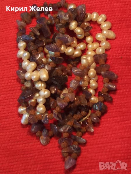 СТАРО СКЪПОЦЕННО КОЛИЕ ЕСТЕСТВЕНИ РЕЧНИ ПЕРЛИ АМЕТИСТ и ПАТИНИРАН МЕТАЛ 38887, снимка 1