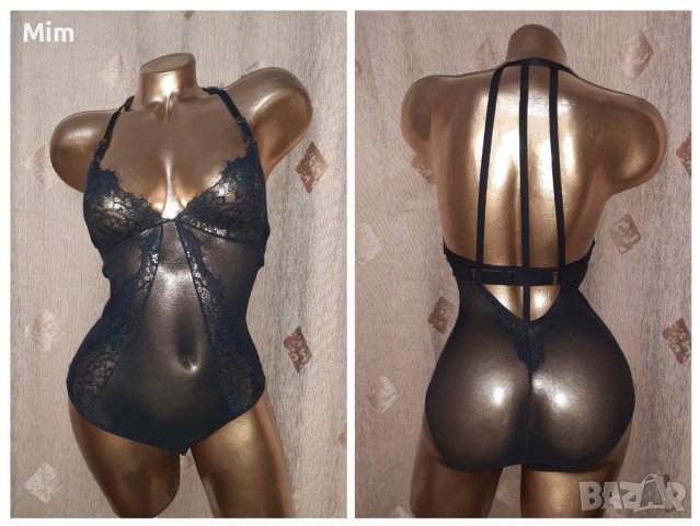 М Черно боди от дантела и прозрачен еластичен тюл 