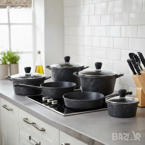 Премиум комплект съдове за готвене 12 части с мраморно покритие  + 2 ръкавици, снимка 4 - Съдове за готвене - 53573950