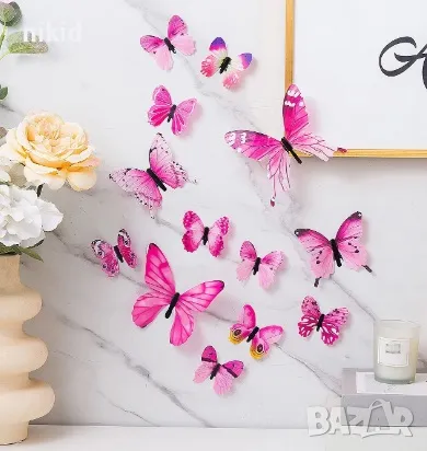 3D 12 бр pvc розови самозалепващи пеперуди декорация за стена и мебел