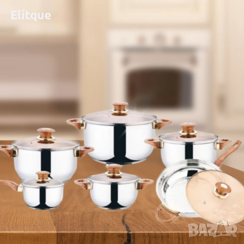 Комплект от 12 части съдове за готвене от неръждаема стомана със стъклени капаци, снимка 6 - Съдове за готвене - 52902317