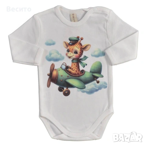 Памучно бебешко боди Жирафче Пилот в светлосиньо, синьо и бяло, снимка 3 - Бодита за бебе - 53401956