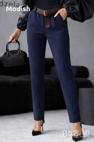Еластичен панталон с прави крачоли и колан 7064