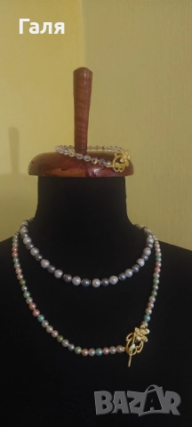 Часовник-бижу с перли и бижута с перли и естествени камъни 