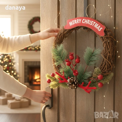 6252 Коледен венец за врата Merry Christmas, 22 см, снимка 2 - Декорация за дома - 52401234