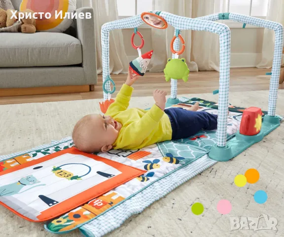 Активна гимнастика 3 в 1 Fisher Price Пълзи и играй Постелка с къщичка със звуци Фишър Прайс, снимка 2 - Образователни игри - 49111880