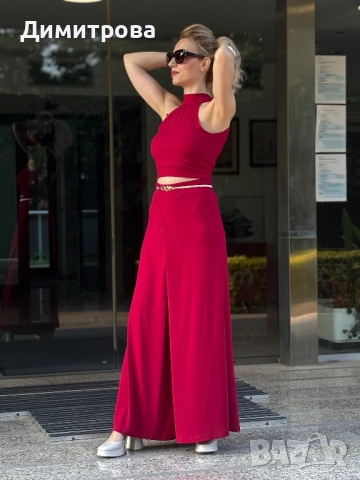 Дамски еластичен стилен червен костюм с пола панталон XS-XL, снимка 6 - Костюми - 49407866