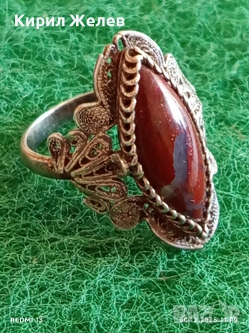 Винтидж сребърен пръстен богато орнаментиран с флорален мотив камък АХАТ ювелирна изработка 52660, снимка 8 - Пръстени - 52934771