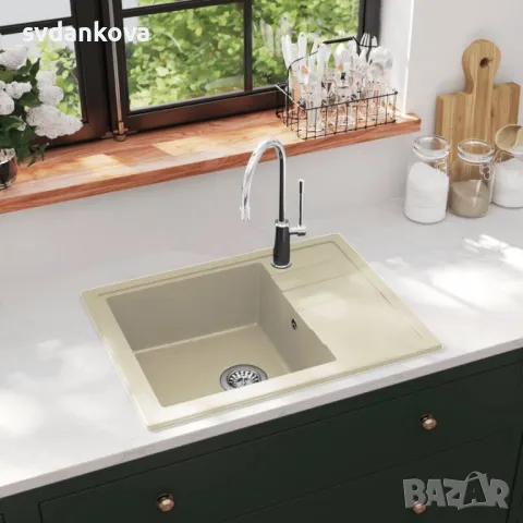 КУХНЕНСКА МИВКА С ПРЕЛИВНИК, ОВАЛ, БЕЖОВА, ГРАНИТ, снимка 1