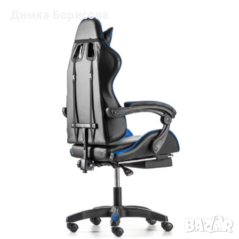 Геймърски стол с поставка за крака – черно-син, въртящ, с масажна функция и спортен дизайн, снимка 7 - Столове за офис - 53241848