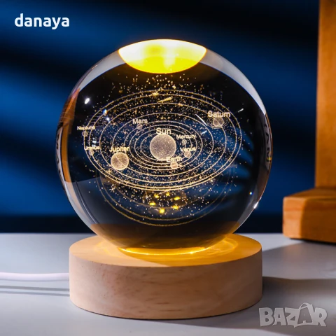 5952 Кристална стъклена нощна лампа с 3D холограмно изображение на Слънчевата система 3D Solar Syste, снимка 2 - Настолни лампи - 50779511