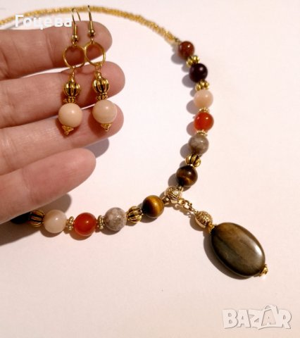 Прекрасен комплект бижута с Яспис Опал Слънчев камък Тигрово око Карнеол и орнаменти цвят злато , снимка 8 - Бижутерийни комплекти - 42611645