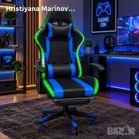Комплект геймърско бюро с LED осветление и аксесоари и геймърски стол с RGB LED осветление и дистанц, снимка 2 - Бюра - 56143075