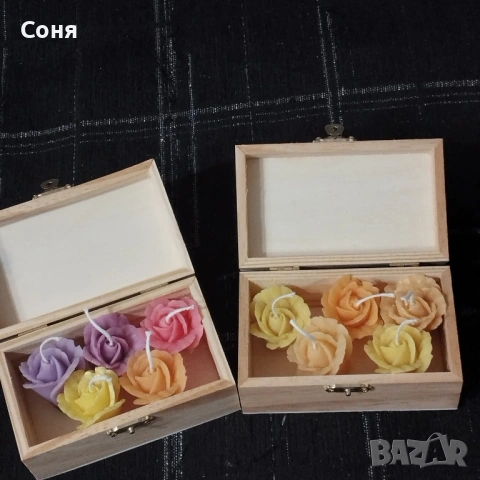 Дървена кутия с  пет ароматни мини рози - свещ, снимка 9 - Подаръци за жени - 53168163