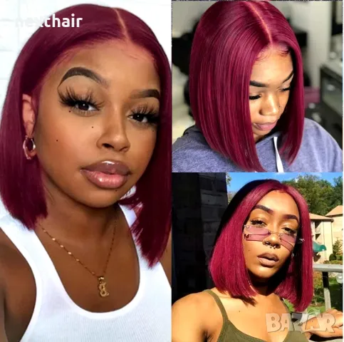 Естествена права 30 см тъмно червена перука с дантела 13x4 лейс фронт, снимка 15 - Аксесоари за коса - 47909140