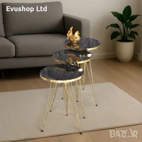 Комплект 3 маси за кафе, помощна масичка - черно/ златно, снимка 3 - Маси - 50157276