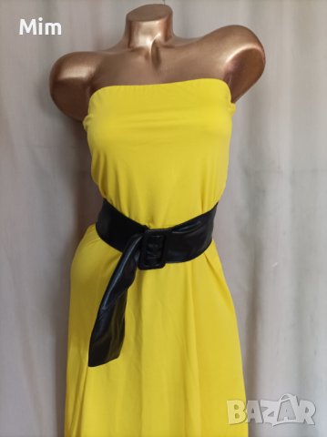 М Жълта рокля с черен кожен колан , снимка 5 - Рокли - 41593168