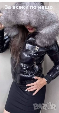 Karl Lagerfeld Дамско Черно Лачено Зимно Яке С Естествен Пух На Качулката Карл Лагерфелд Код W.S.O.4, снимка 2 - Якета - 52568721