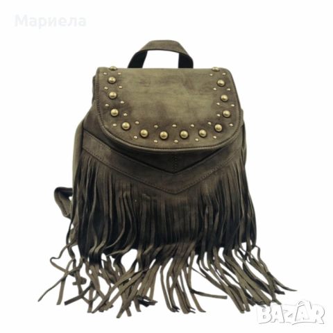 Велурена дамска раница с ресни и метални нитове – бохо стил и практичност, снимка 7 - Раници - 53342719