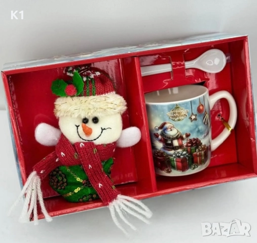 Коледен комплект плюшен снежен човек с чаша и лъжица