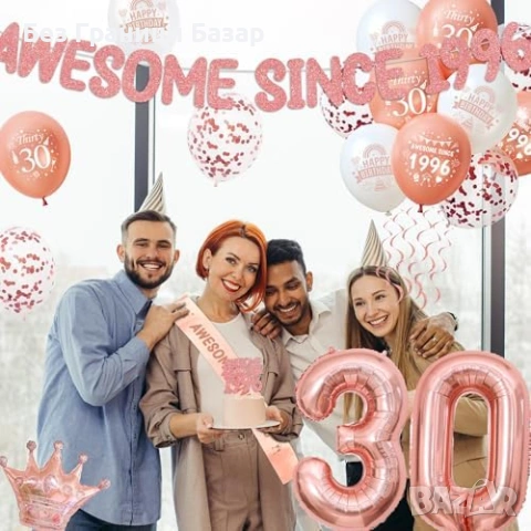 Нова украса Декорация за 30 години rose gold балони 30 корони банер happy birthday, снимка 6 - Други - 53696897