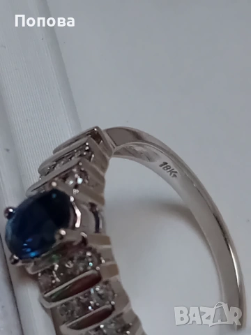 18 к. злато с диаманти и сапфир /златен пръстен бяло злато, снимка 6 - Пръстени - 53673542