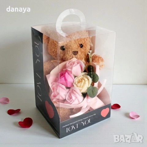 6376 Плюшено мече с букет рози в подаръчна кутия, романтичен подарък, 27 см, снимка 4 - Декорация за дома - 53291418