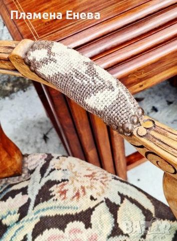 кресло в стил Луи 15 с гобленова тапицерия и ратанов гръб , снимка 7 - Столове - 53165521