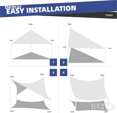 IOAOI Сенник за сянка, водоустойчив, 3x4x5M правоъгълен триъгълник, 95% UV защита, тъмносив, снимка 6 - Други стоки за дома - 50950385