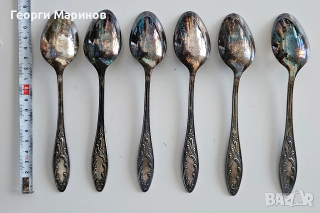 Посребрени лъжици за хранене, МНЦ, СССР, мелхиор, 18 см., снимка 2 - Прибори за хранене, готвене и сервиране - 51625209