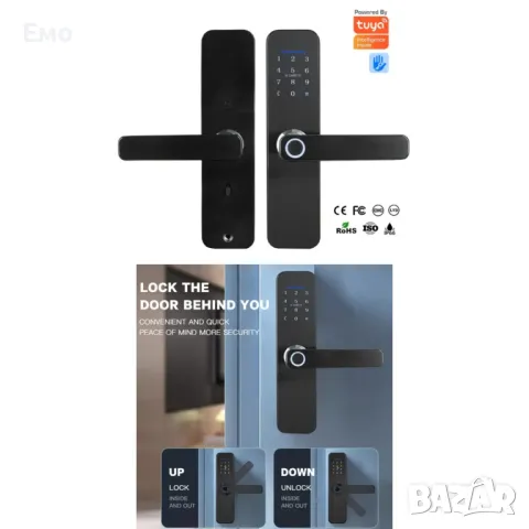 Смарт брава за врата отключване с пин код, пръстов отпечатък приложение. Роботи с Батерии 4 бр. AA