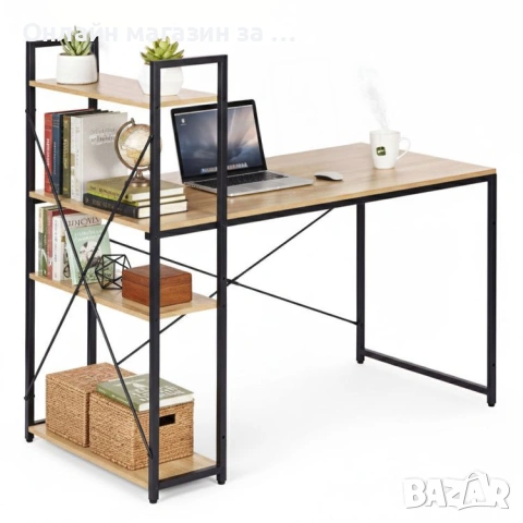 Компютърно бюро ModernHome, дървено, с рафтове за съхранение, подсилена метална конструкция,120*60см