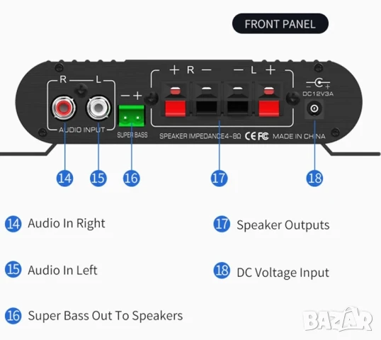 Аудио усилвател за тонколони и бас, стерео аудио система, Bluetooth, USB, домашен, автомобилен, AUX, снимка 11 - Тонколони - 50980023