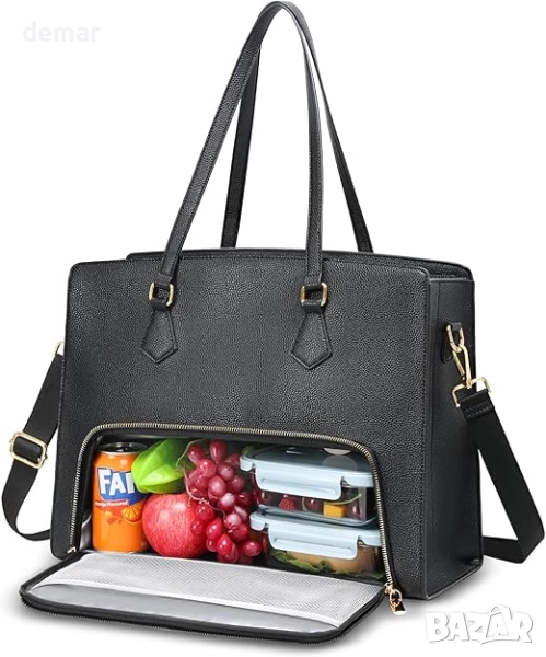 Чанта за обяд Jetviivid с отделение за лаптоп за жени, работна чанта от PU кожа с презрамка, черна, снимка 1