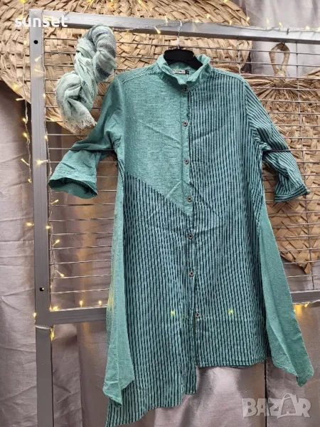 ЛЕНЕНА тюркоазена асиметрична дълга риза- XL , снимка 1