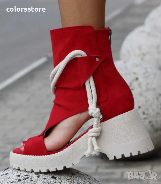 Летни боти на платформа - червен велур - LB44, снимка 1