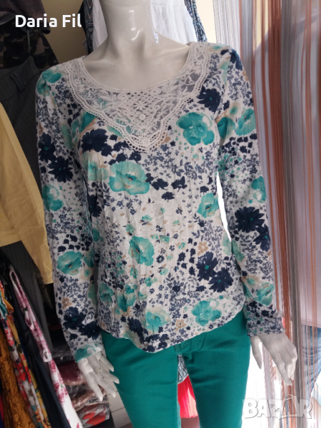 Риза/блуза с намачкан ефект на цветя и дантела над деколтето , снимка 1